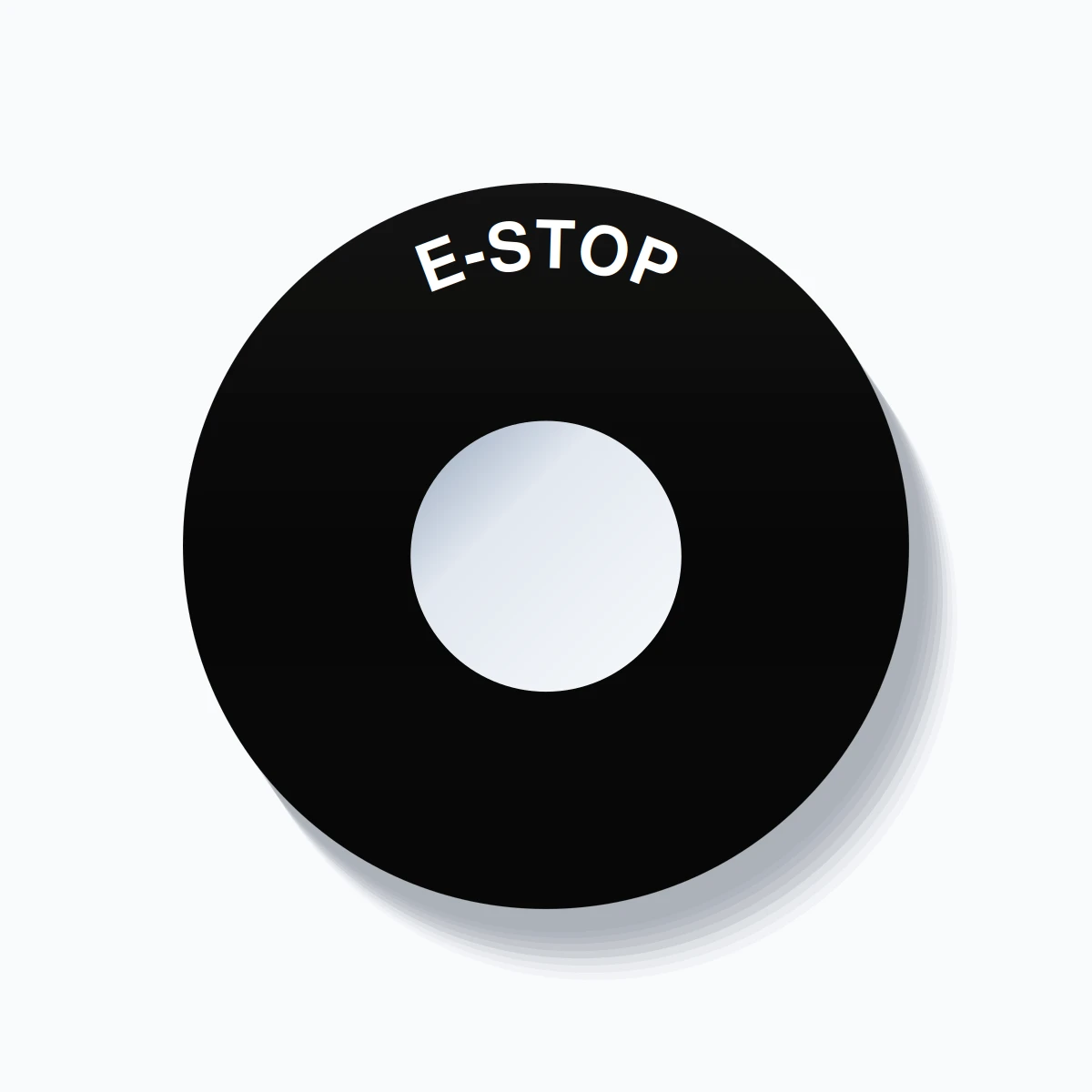 22mm Ring Tag – E-STOP, Single-Line 60mm Round, White on Black