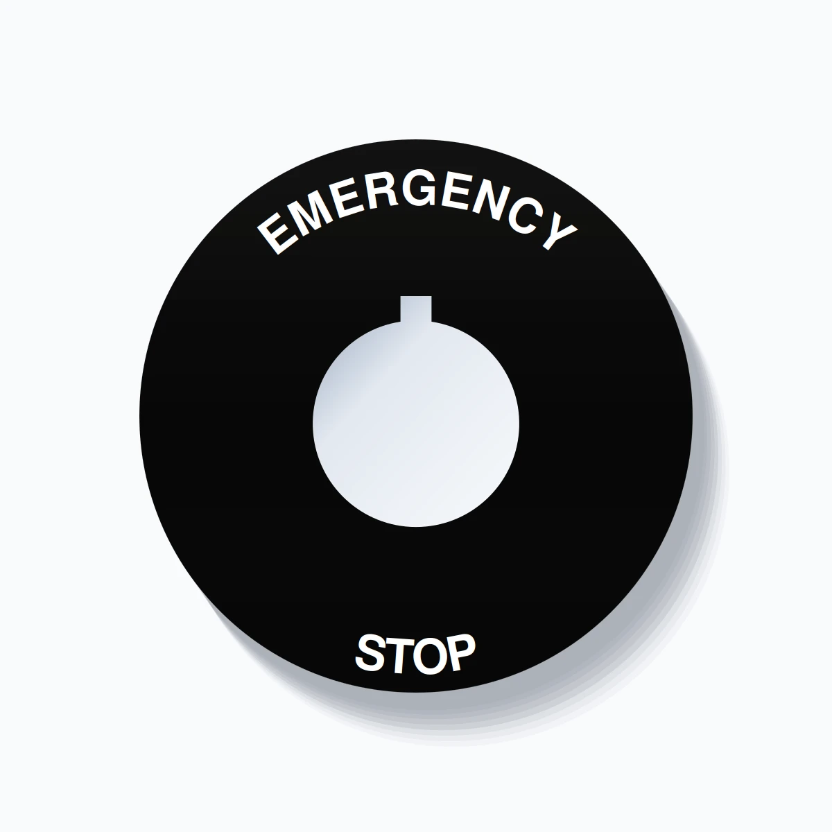 22mm Ring Tag – EMERGENCY STOP, Single-Line 60mm Round, Allen-Bradley Compatible, White on Black