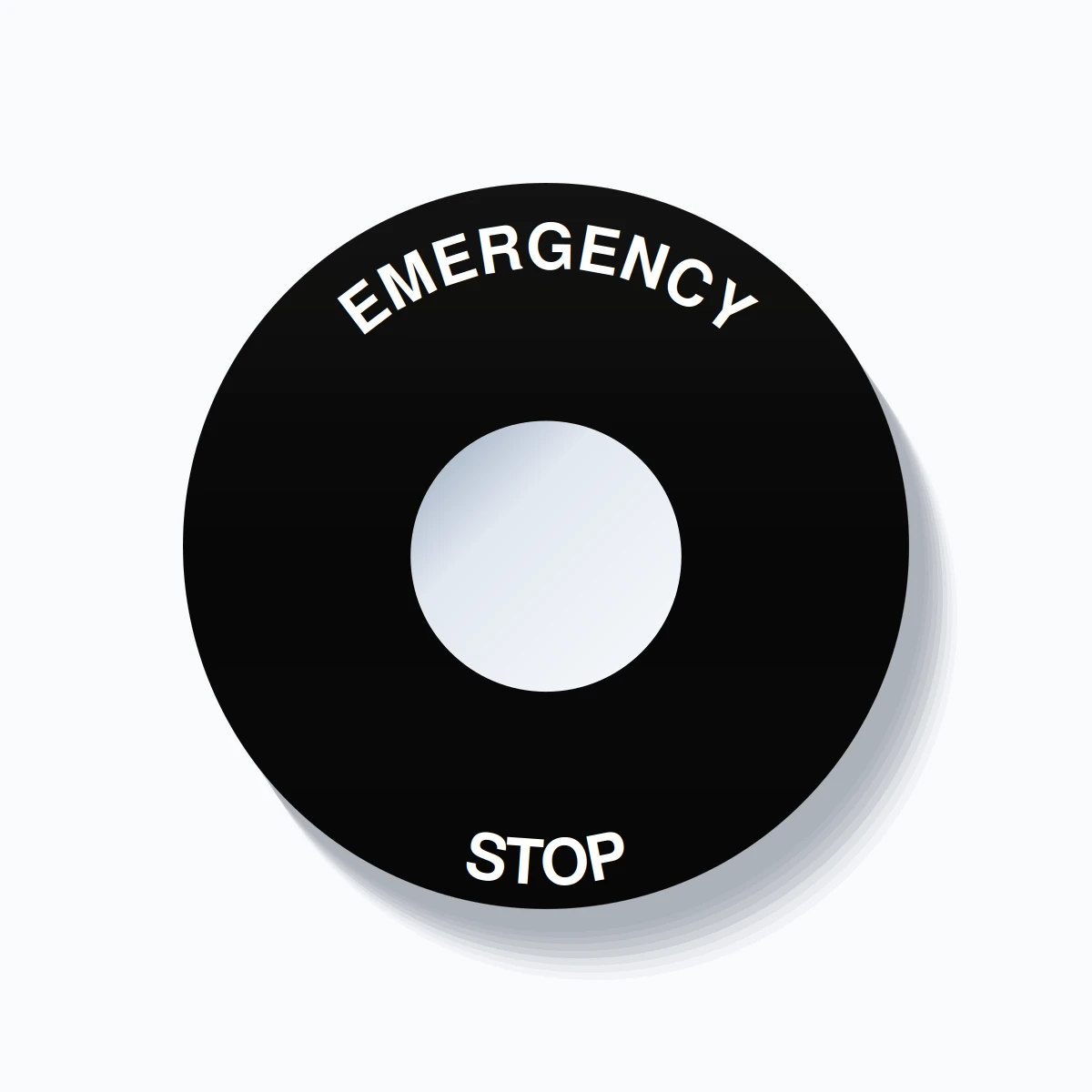22mm Ring Tag – EMERGENCY STOP, Single-Line 60mm Round, White on Black