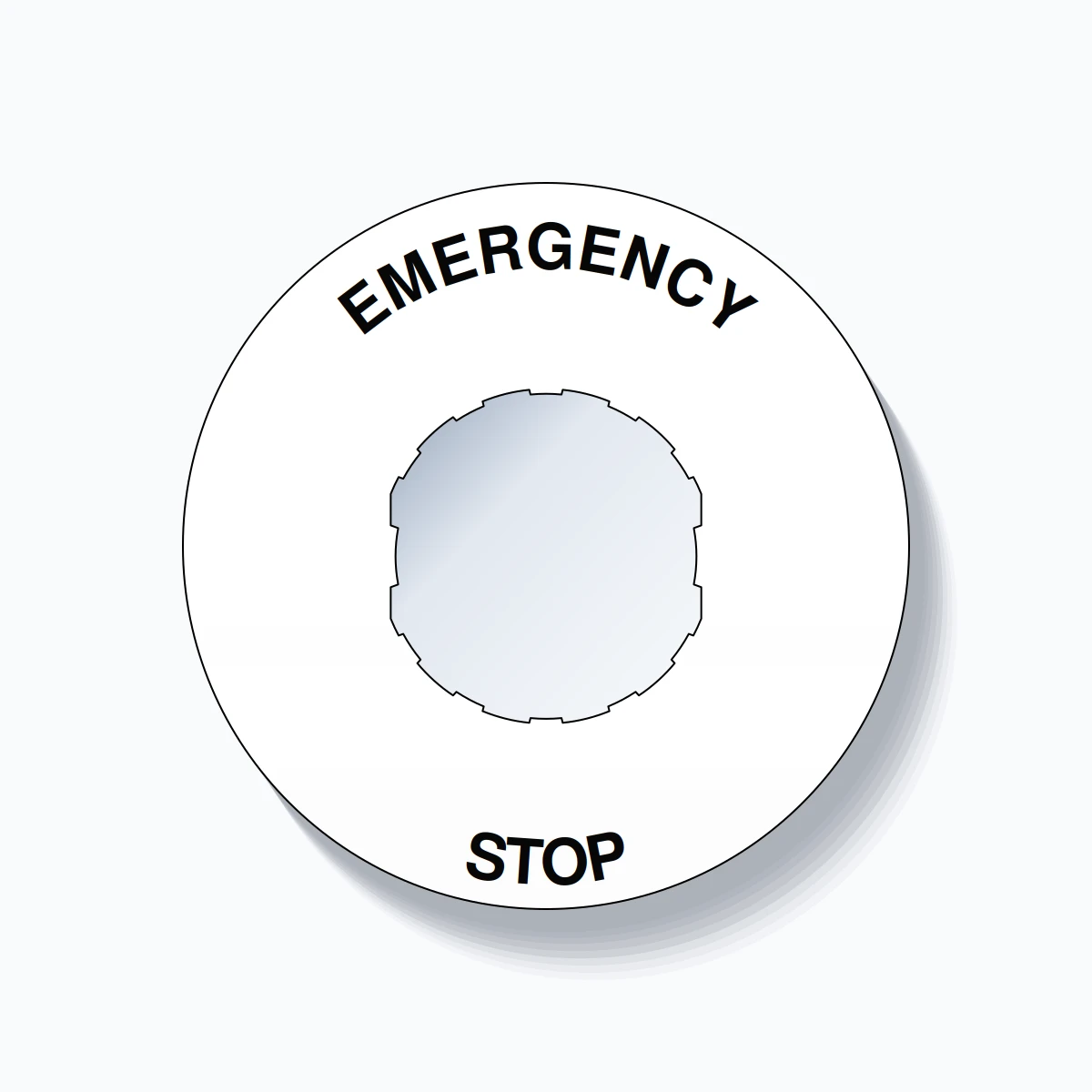 22mm Ring Tag – EMERGENCY STOP, Single-Line 60mm Round, Schneider Electric Compatible, Black on White