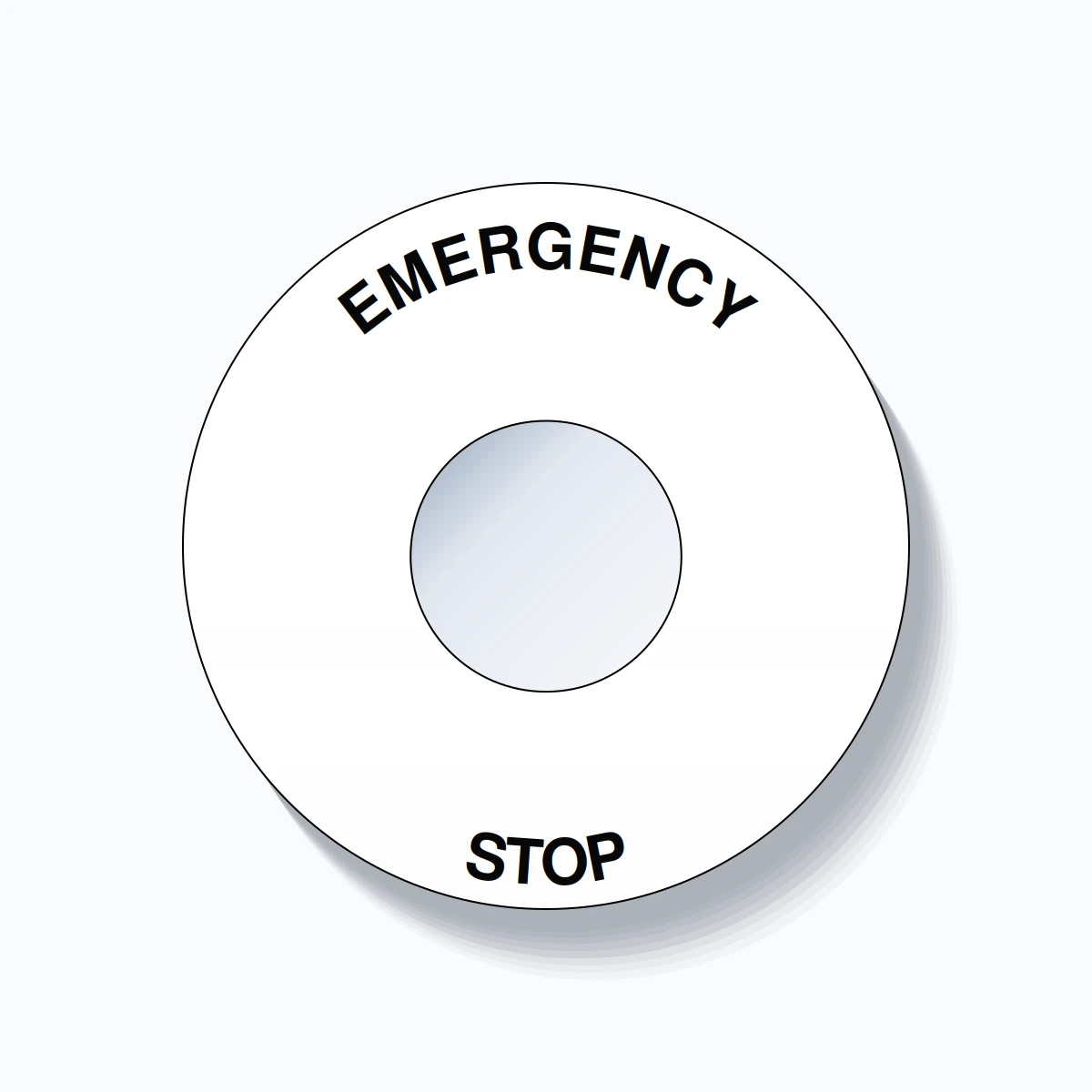 22mm Ring Tag – EMERGENCY STOP, Single-Line 60mm Round, Black on White