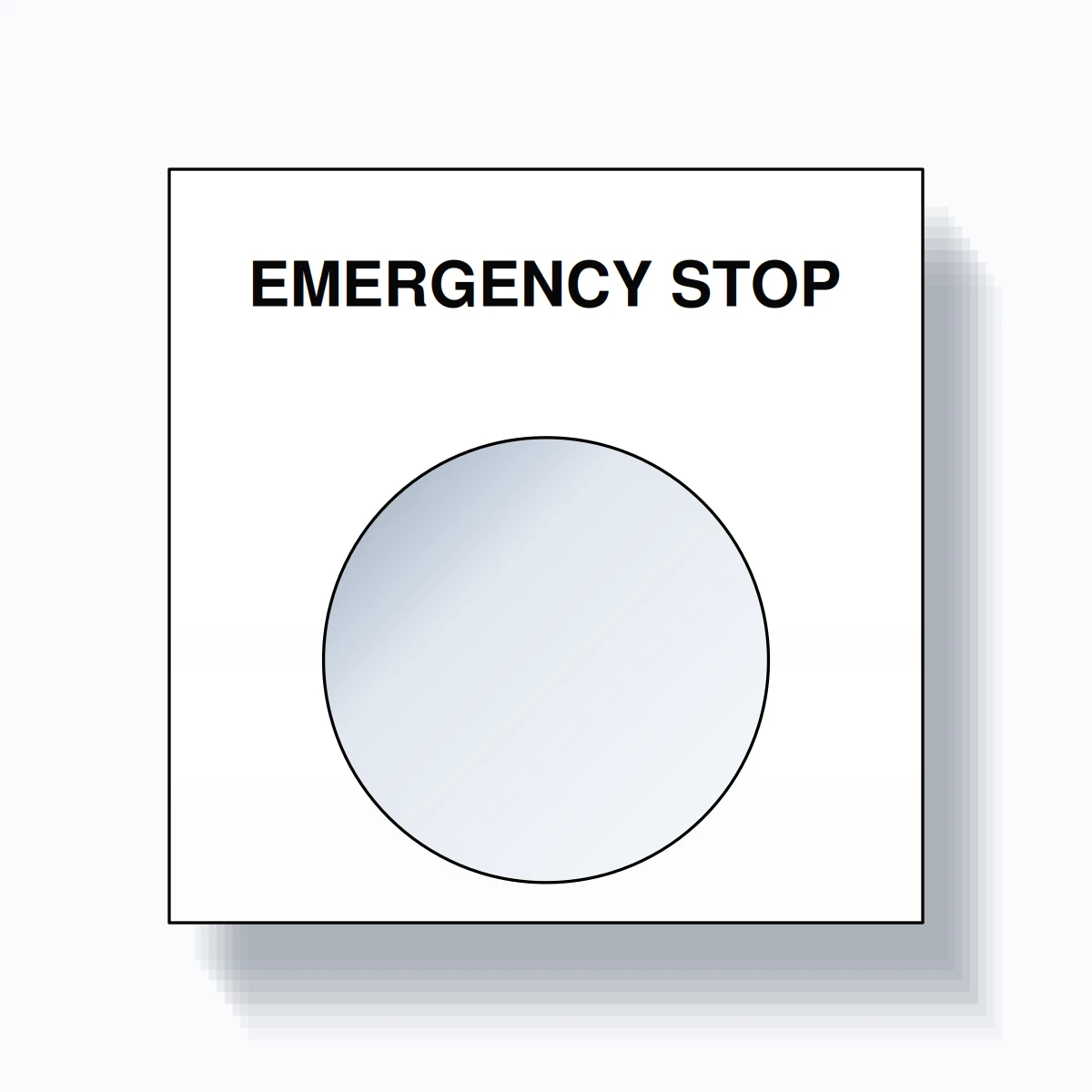 22mm Ring Tag – EMERGENCY STOP, Single-Line Square, Black on White