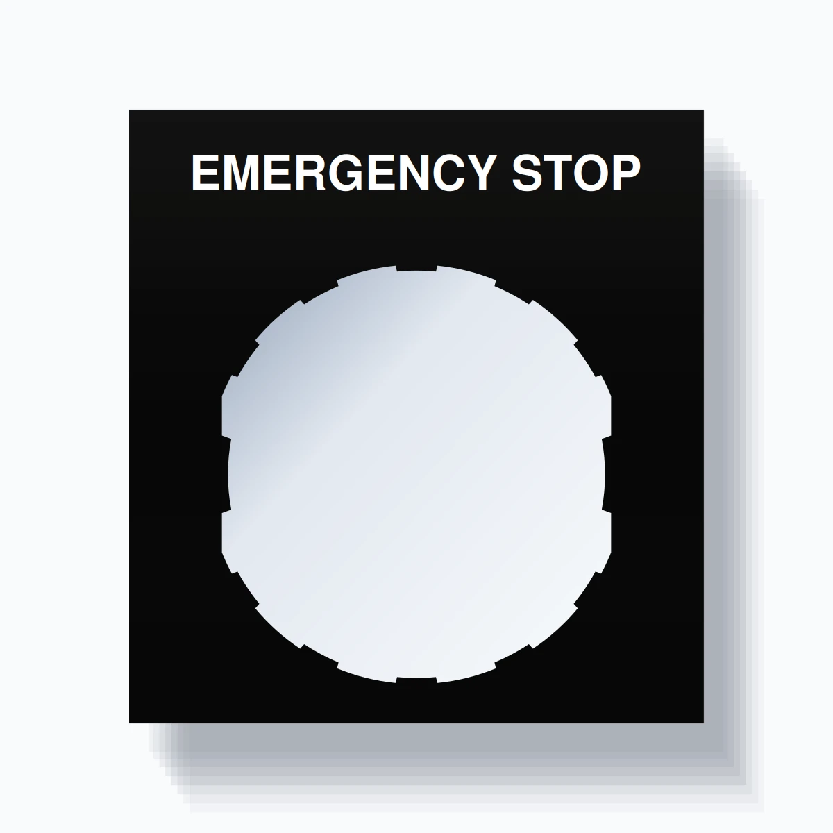22mm Ring Tag – EMERGENCY STOP, Single-Line Square, Schneider Electric Compatible, White on Black