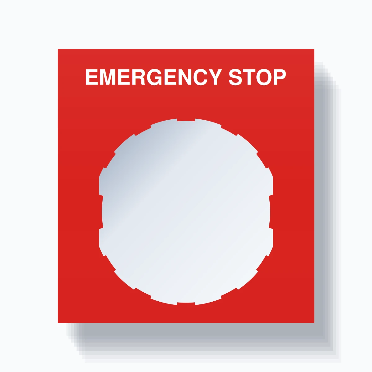22mm Ring Tag – EMERGENCY STOP, Single-Line Square, Schneider Electric Compatible, White on Red