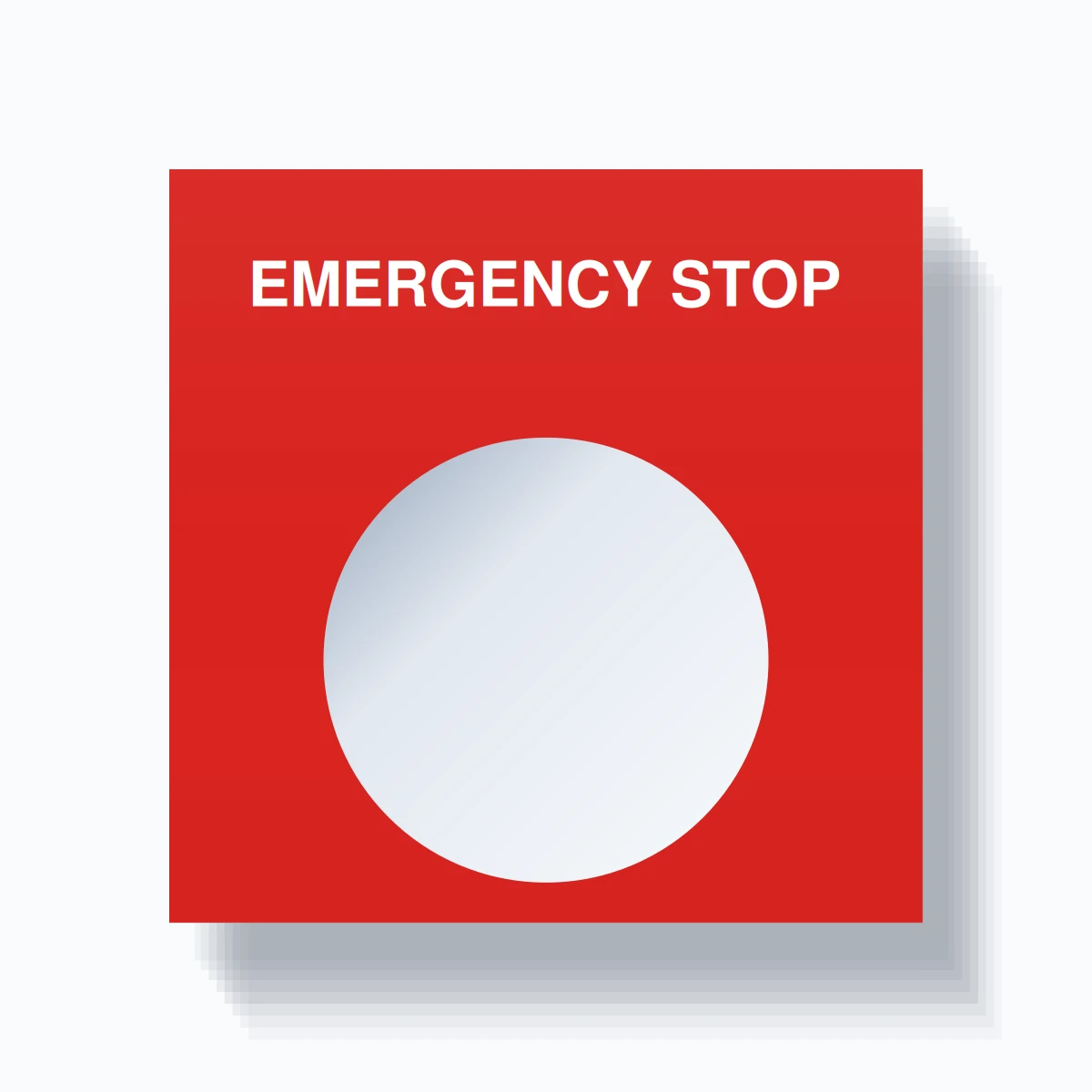 22mm Ring Tag – EMERGENCY STOP, Single-Line Square, White on Red