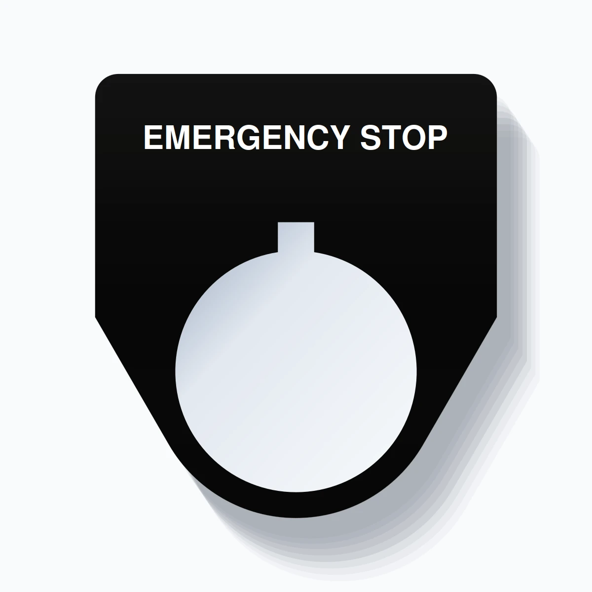 22mm Ring Tag – EMERGENCY STOP, Single-Line Traditional, Allen-Bradley Compatible, White on Black