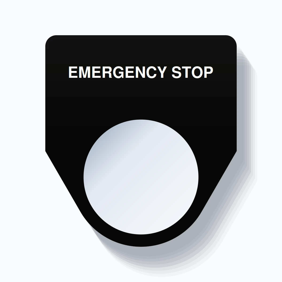 22mm Ring Tag – EMERGENCY STOP, Single-Line Traditional, White on Black