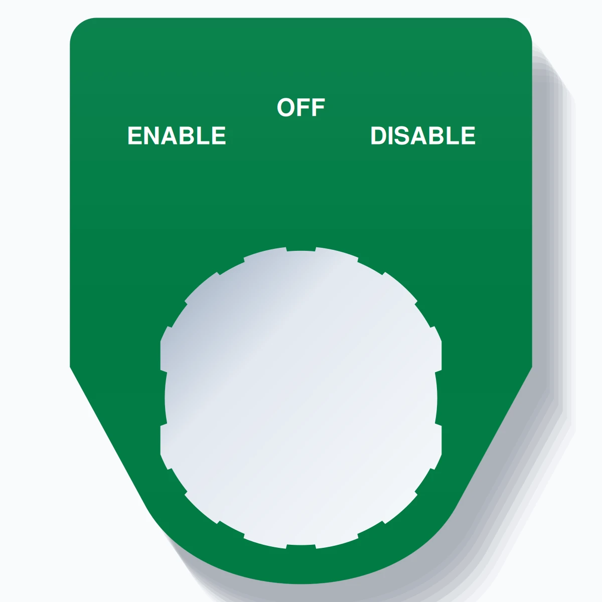 22mm Ring Tag – ENABLE OFF DISABLE, Three-Line Traditional, Schneider Electric Compatible, White on Green