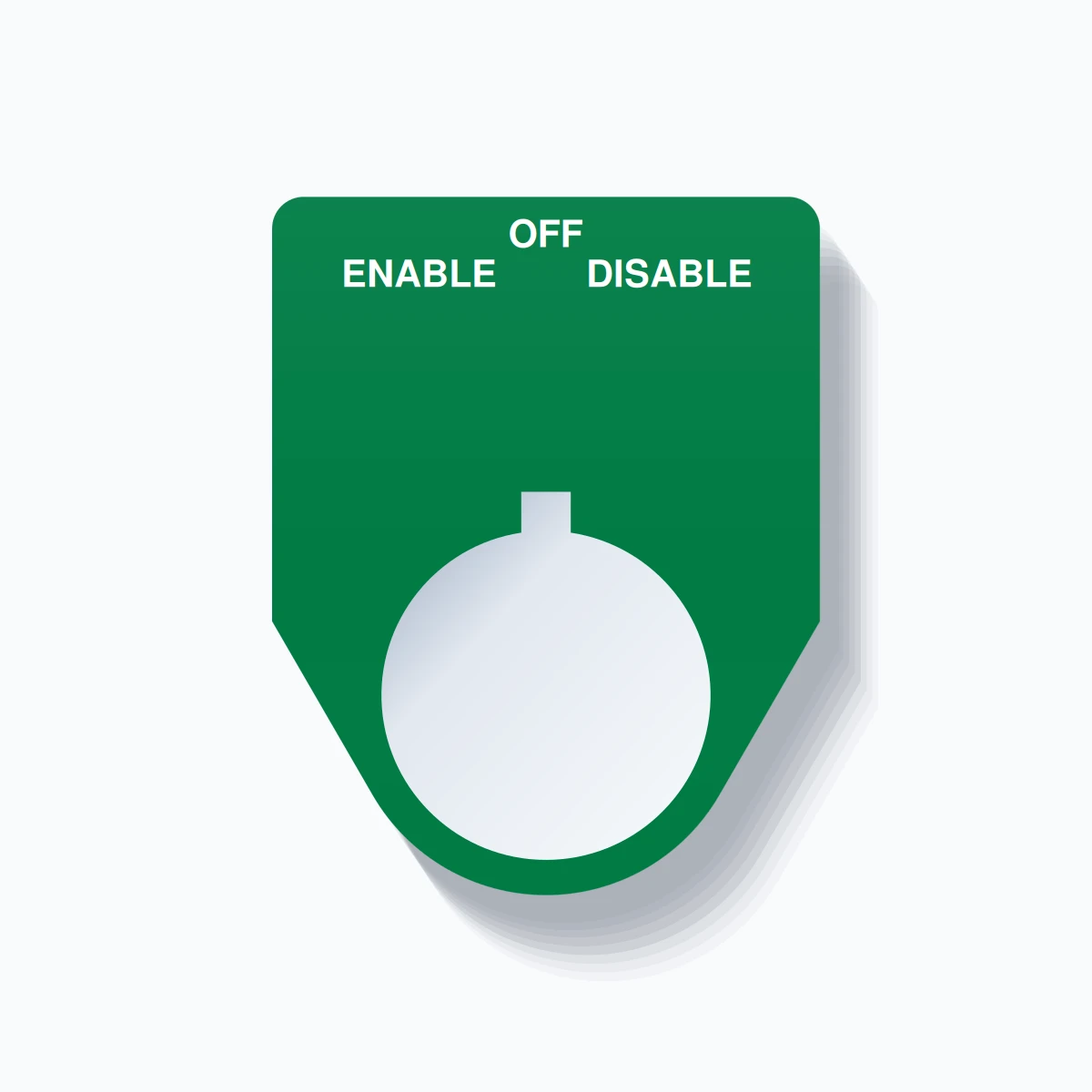 22mm Ring Tag – ENABLE OFF DISABLE, Three-Line Traditional, Allen-Bradley Compatible, White on Green