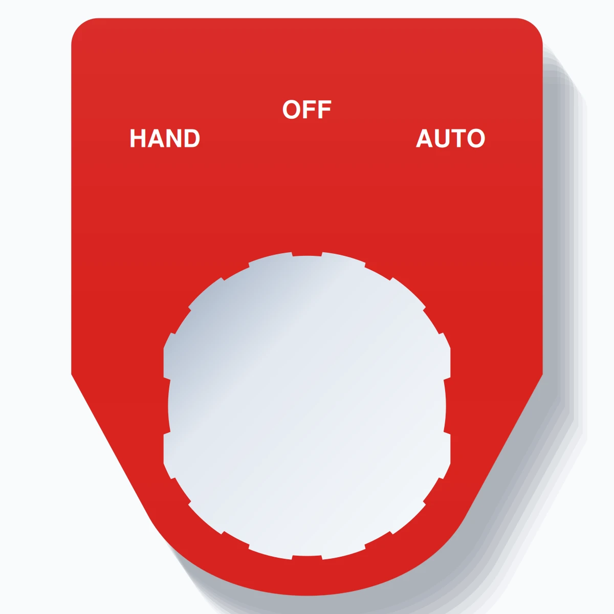 22mm Ring Tag – HAND OFF AUTO, Three-Line Traditional, Schneider Electric Compatible, White on Red