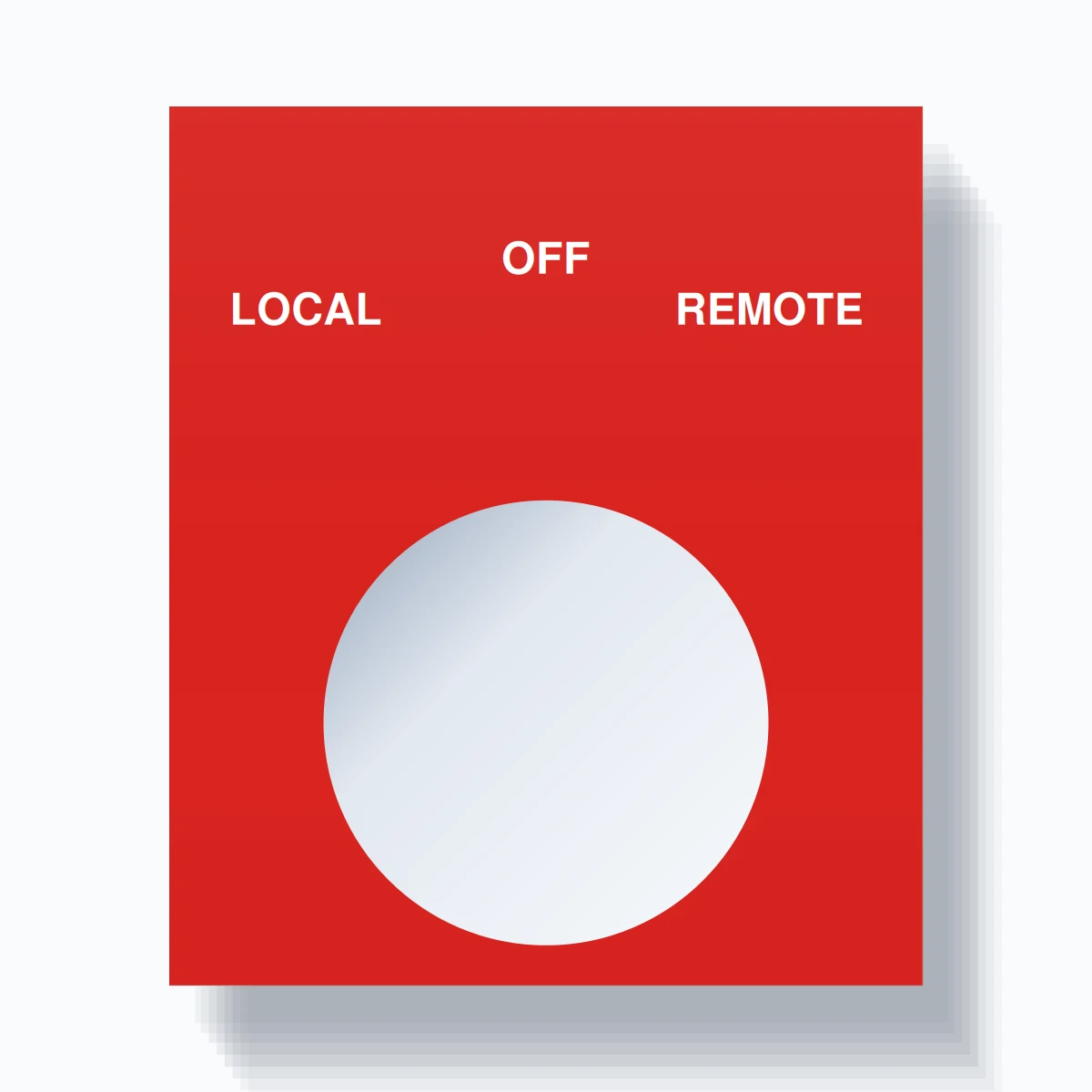 22mm Ring Tag – LOCAL OFF REMOTE, Three-Line Square, White on Red