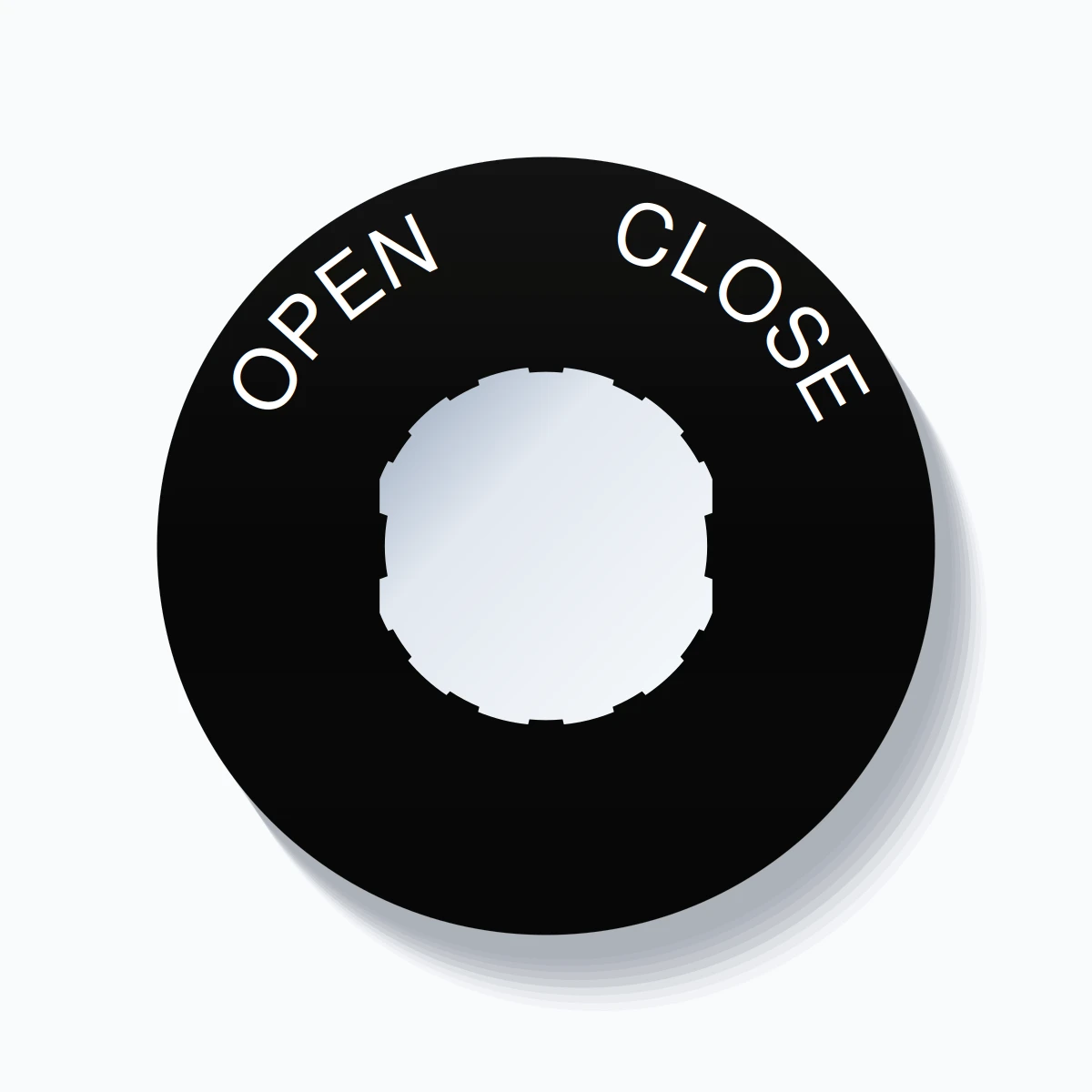 22mm Ring Tag – OPEN       CLOSE, Single-Line 60mm Round, Schneider Electric Compatible, White on Black