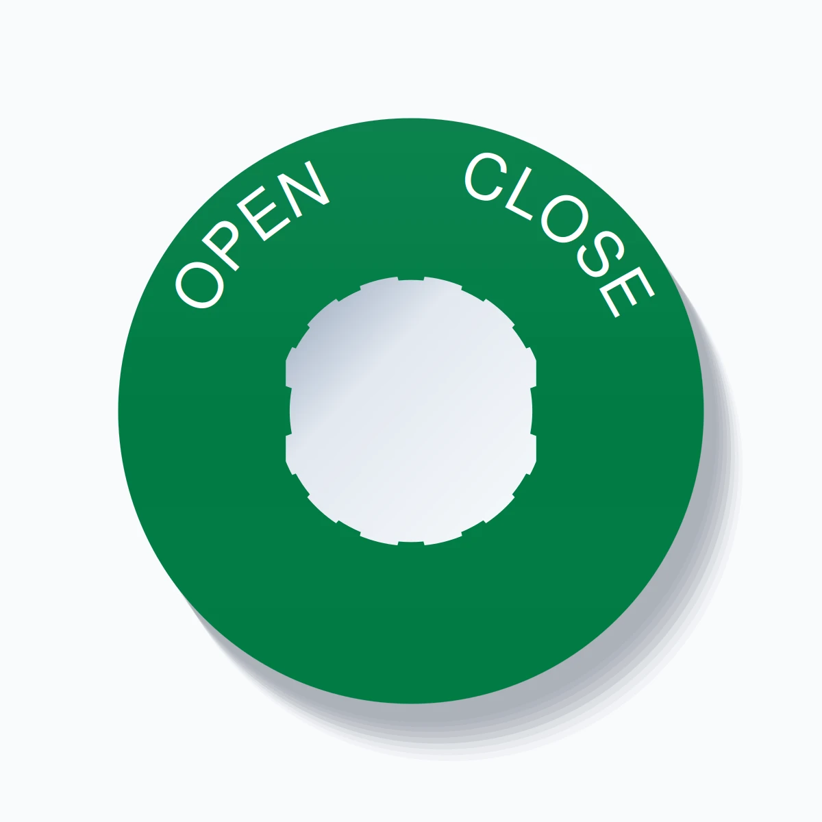 22mm Ring Tag – OPEN       CLOSE, Single-Line 60mm Round, Schneider Electric Compatible, White on Green