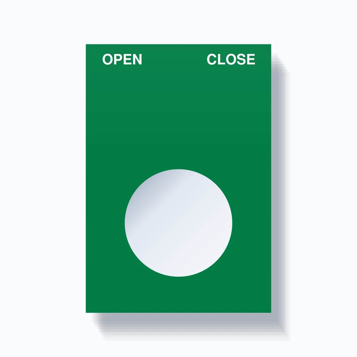 22mm Ring Tag – OPEN CLOSE, Two-Line Squared, White on Green