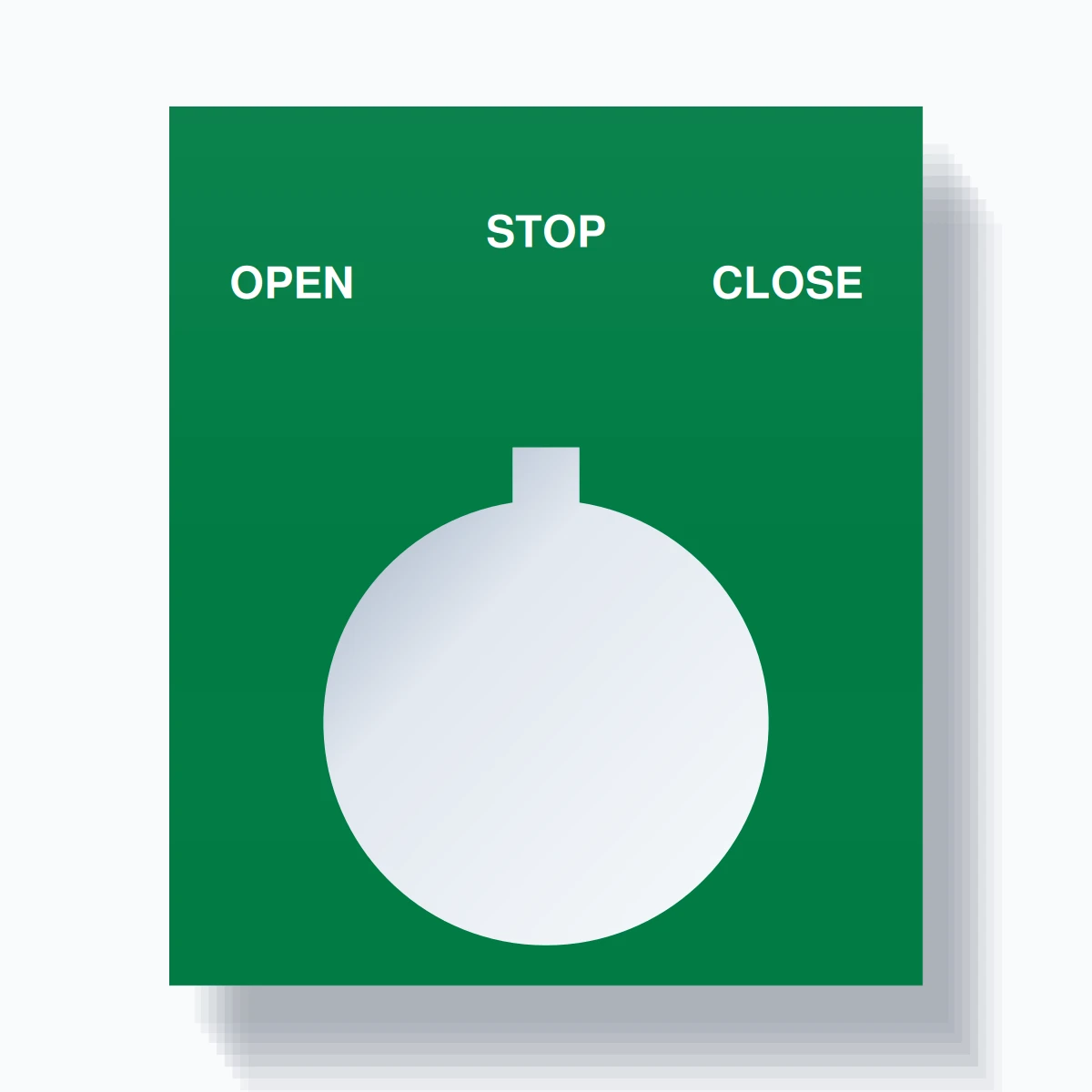 22mm Ring Tag – OPEN STOP CLOSE, Three-Line Square, Allen-Bradley Compatible, White on Green