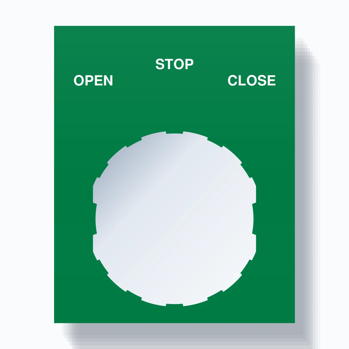22mm Ring Tag – OPEN STOP CLOSE, Three-Line Square, Schneider Electric Compatible, White on Green