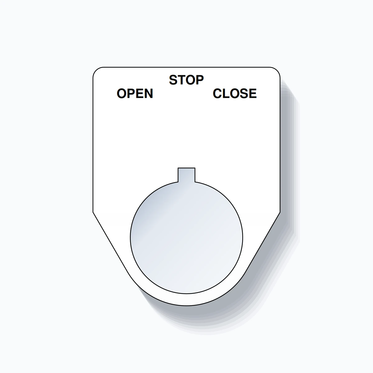 22mm Ring Tag – OPEN STOP CLOSE, Three-Line Traditional, Allen-Bradley Compatible, Black on White