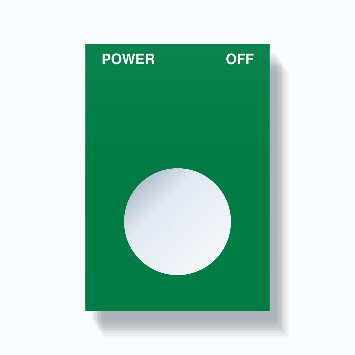 22mm Ring Tag – POWER OFF, Two-Line Squared, White on Green