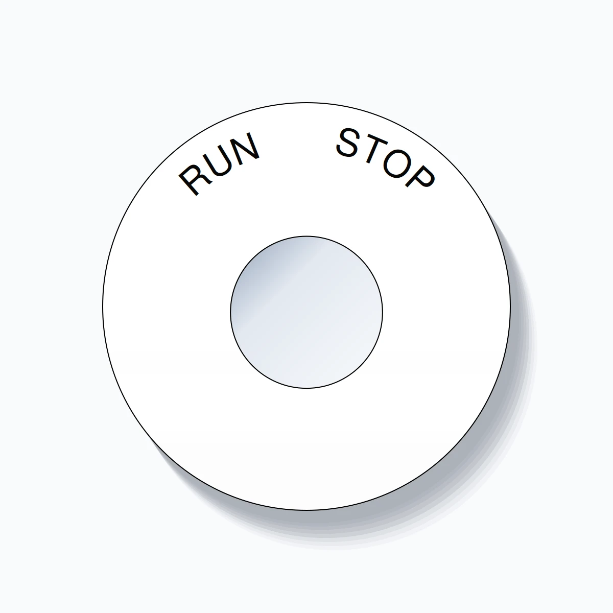 22mm Ring Tag – RUN       STOP, Single-Line 60mm Round, Black on White