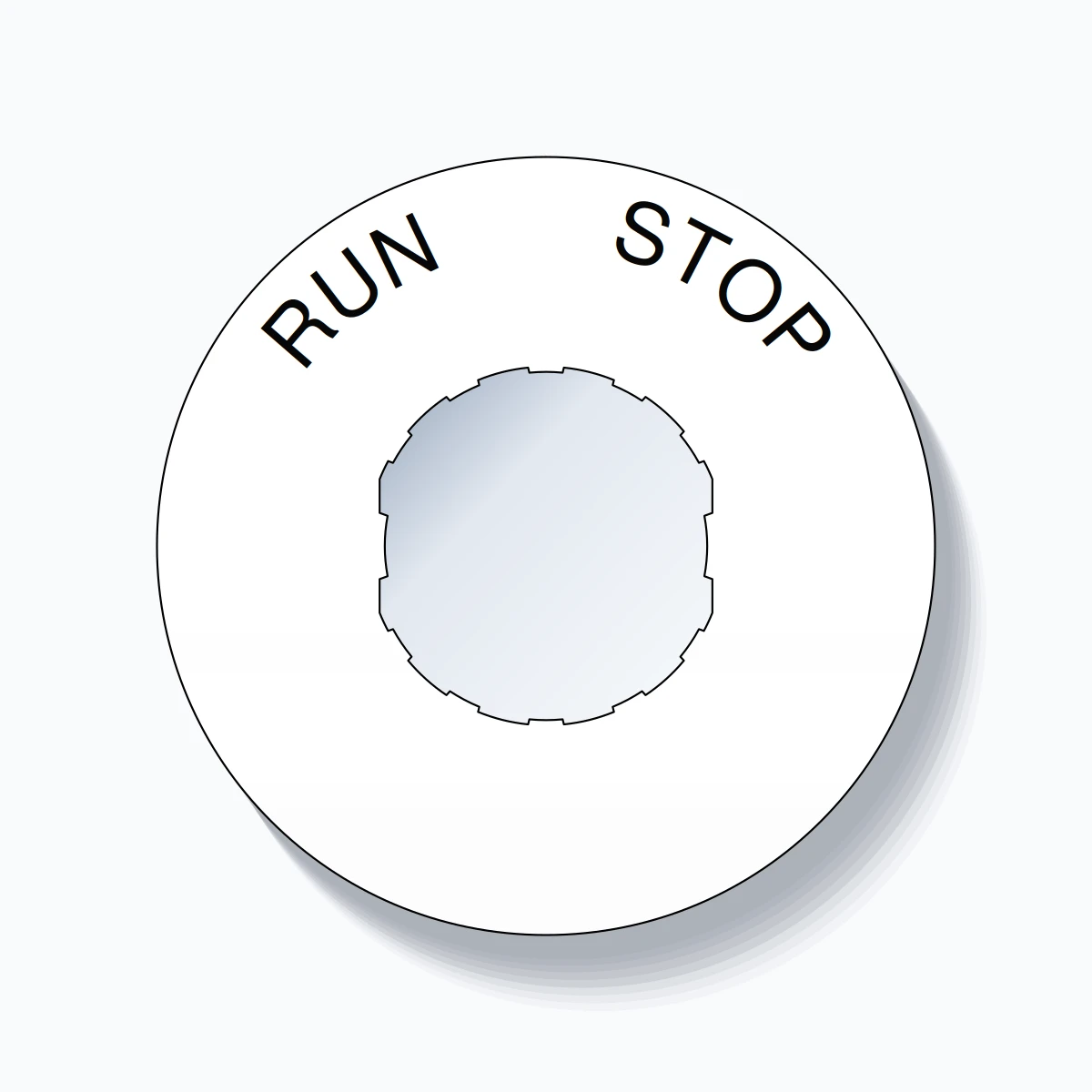 22mm Ring Tag – RUN       STOP, Single-Line 60mm Round, Schneider Electric Compatible, Black on White