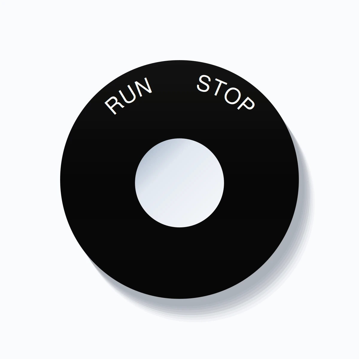 22mm Ring Tag – RUN       STOP, Single-Line 60mm Round, White on Black