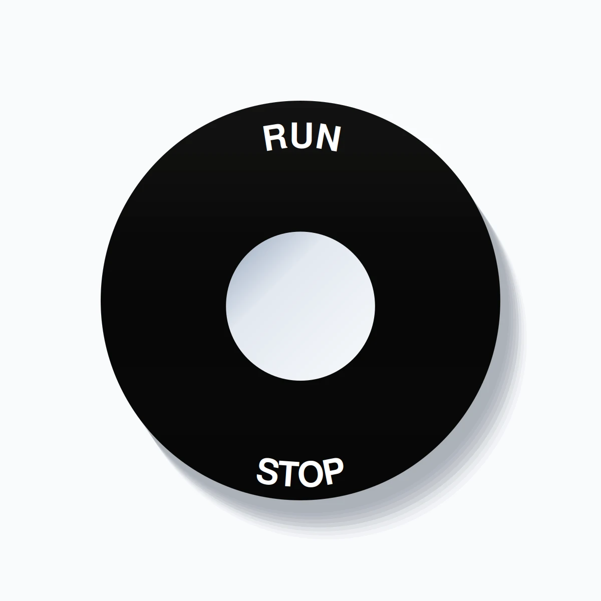 22mm Ring Tag – RUN STOP, Single-Line 60mm Round, White on Black