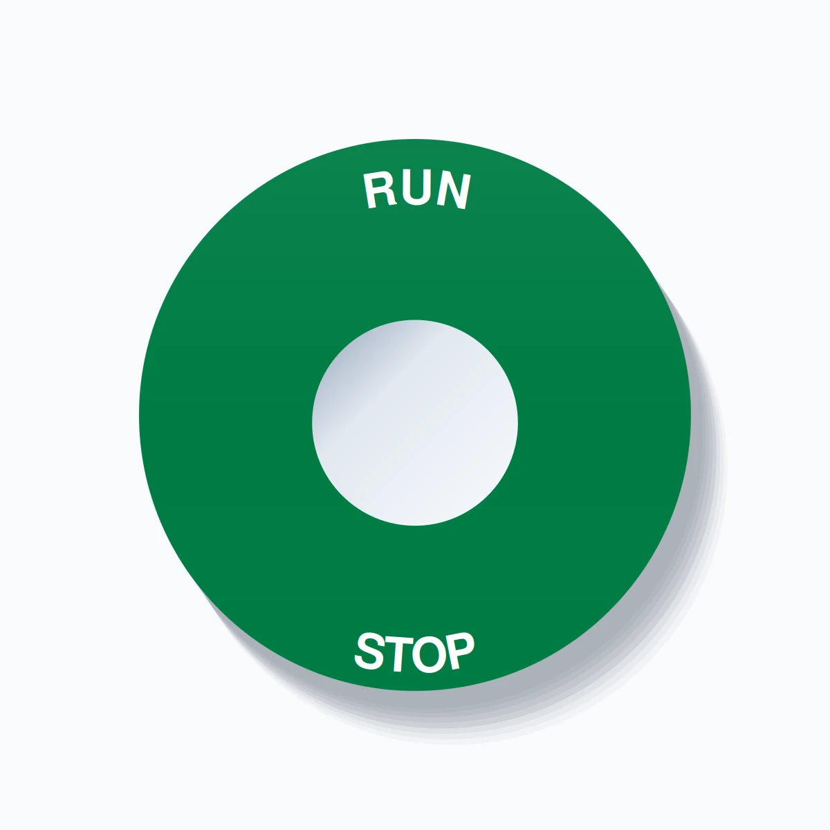 22mm Ring Tag – RUN STOP, Single-Line 60mm Round, White on Green