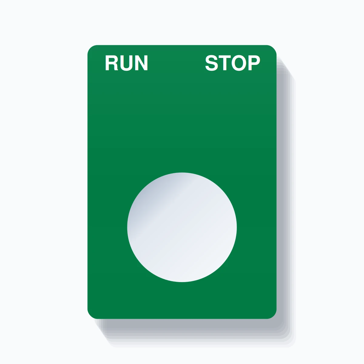 22mm Ring Tag – RUN STOP, Two-Line Rounded, White on Green