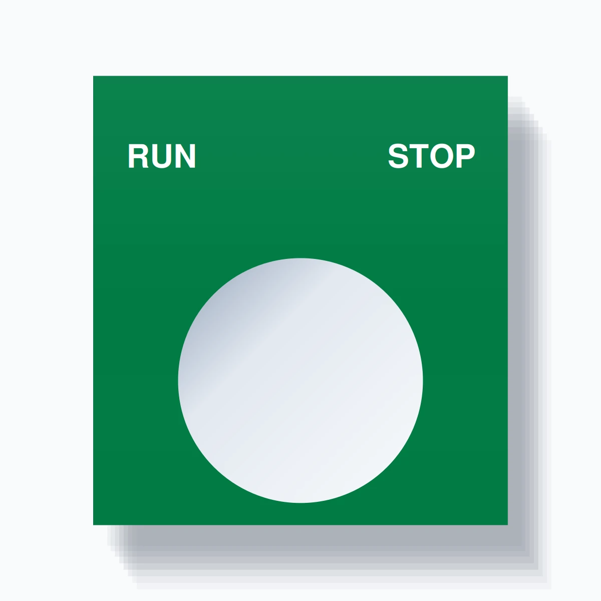 22mm Ring Tag – RUN STOP, Two-Line Square, White on Green