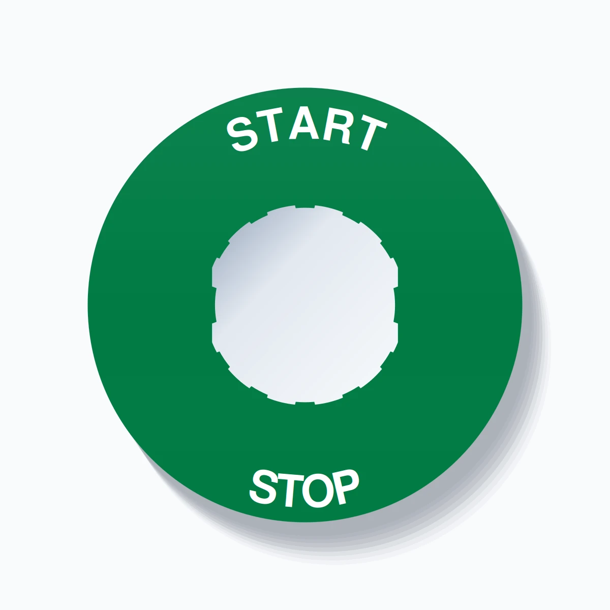 22mm Ring Tag – START STOP, Single-Line 60mm Round, Schneider Electric Compatible, White on Green