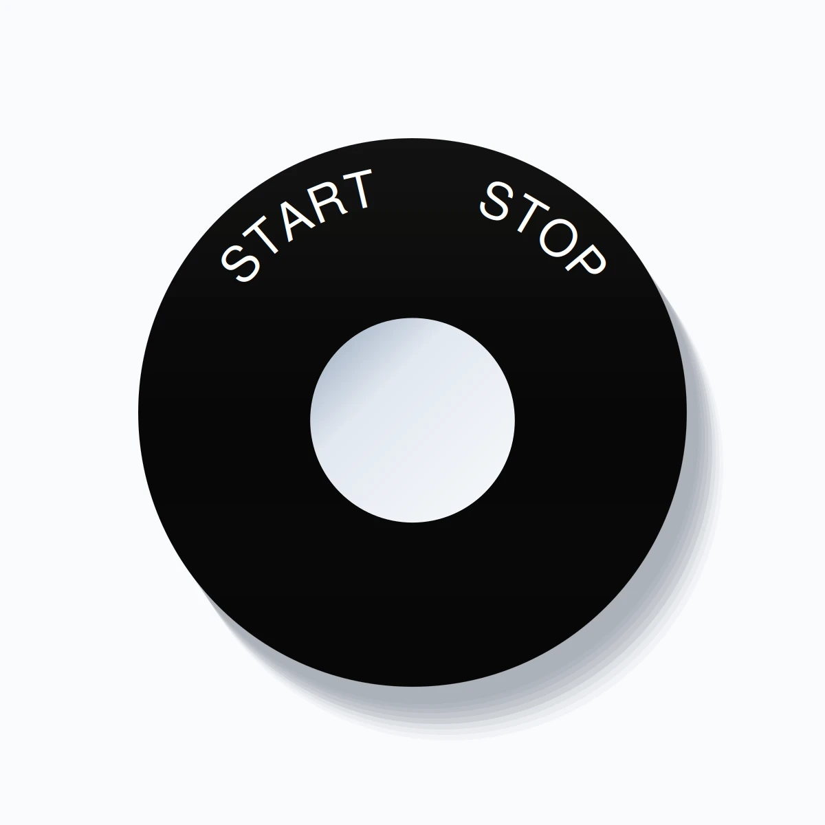 22mm Ring Tag – START       STOP, Single-Line 60mm Round, White on Black