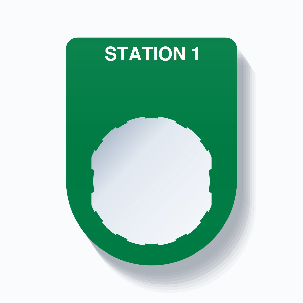 22mm Ring Tag – STATION 1, Single-Line Slim, Schneider Electric Compatible, White on Green