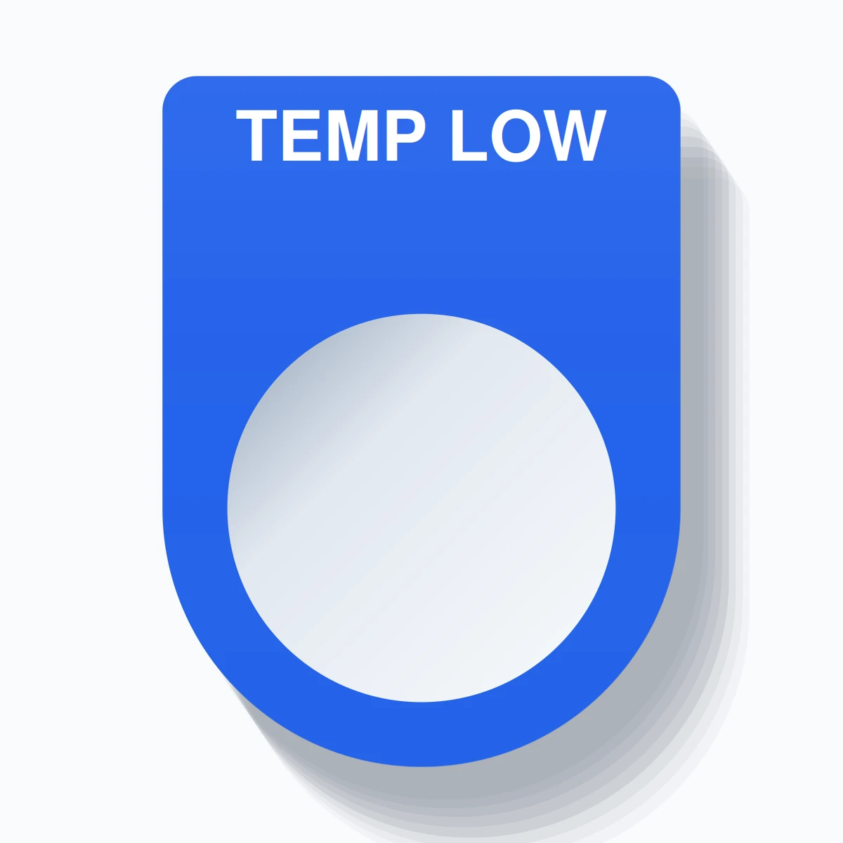 22mm Ring Tag – TEMP LOW, Single-Line Slim, White on Blue