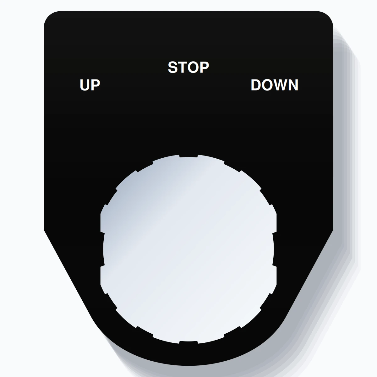 22mm Ring Tag – UP STOP DOWN, Three-Line Traditional, Schneider Electric Compatible, White on Black