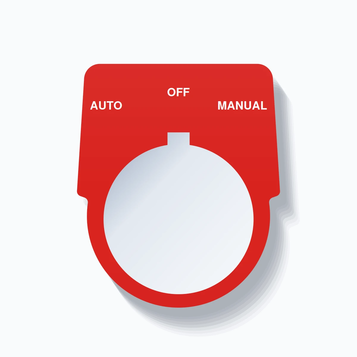 30mm Ring Tag – AUTO OFF MANUAL, Three-Line Harmony 9001K, Allen-Bradley Compatible, White on Red