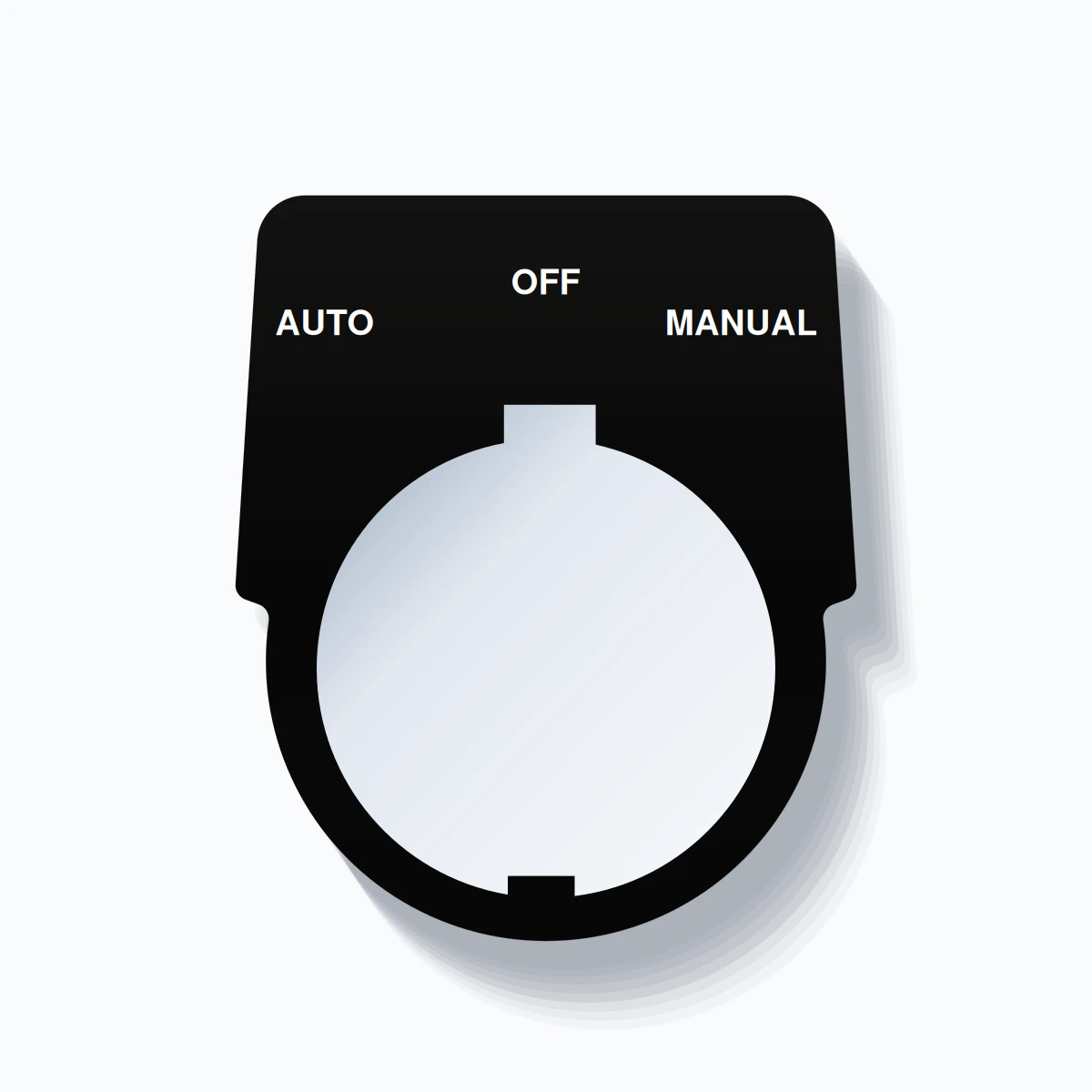 30mm Ring Tag – AUTO OFF MANUAL, Three-Line Harmony 9001K, Schneider Electric Compatible, White on Black