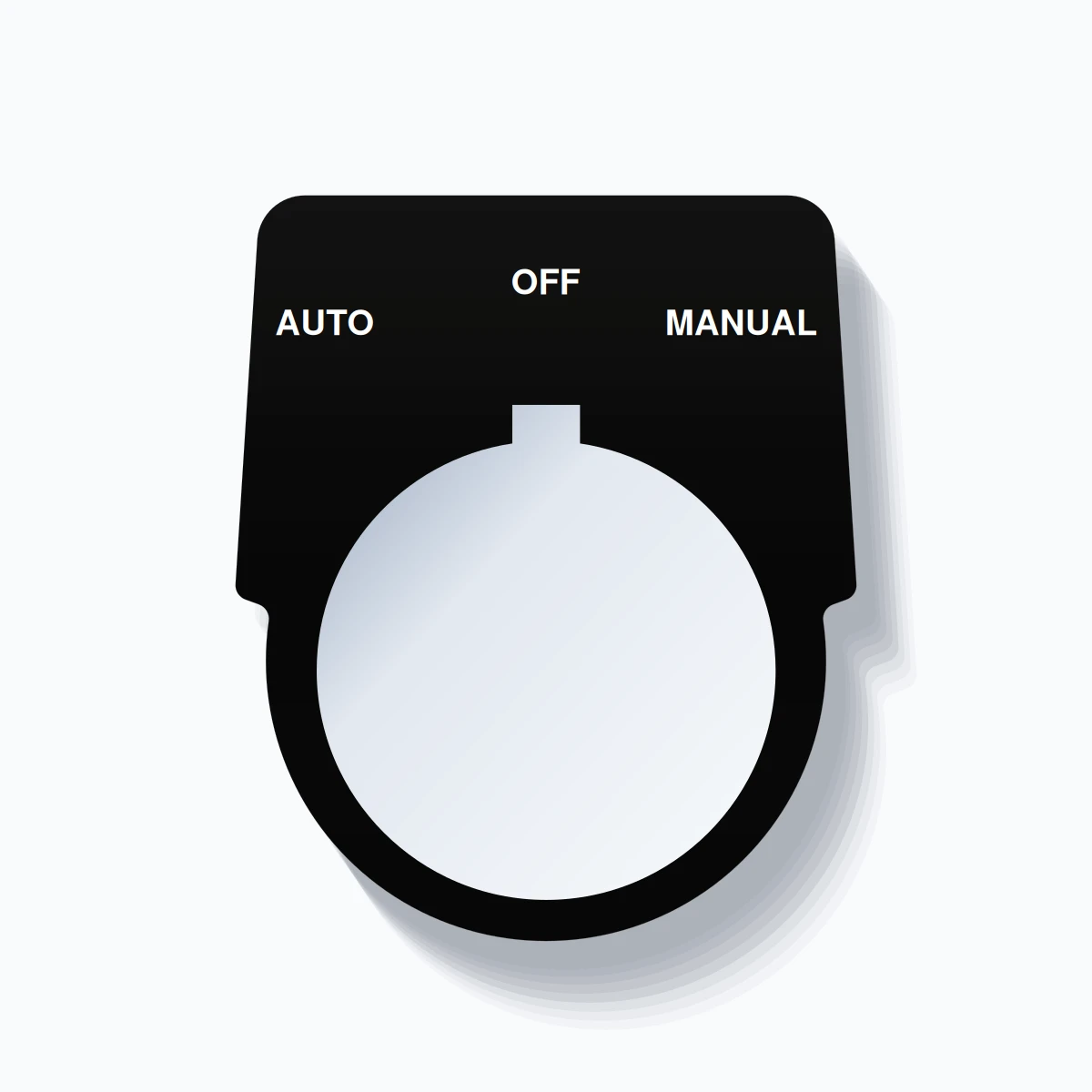 30mm Ring Tag – AUTO OFF MANUAL, Three-Line Harmony 9001K, Allen-Bradley Compatible, White on Black