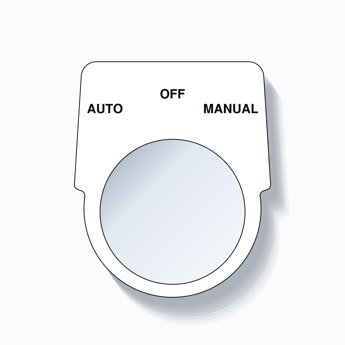 30mm Ring Tag – AUTO OFF MANUAL, Three-Line Harmony 9001K, Black on White