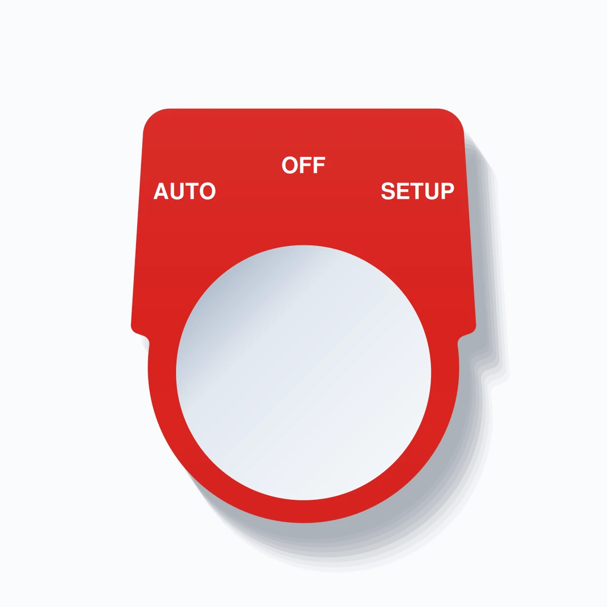 30mm Ring Tag – AUTO OFF SETUP, Three-Line Harmony 9001K, White on Red