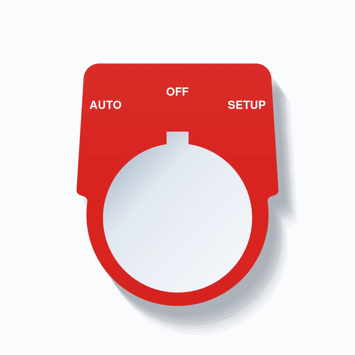 30mm Ring Tag – AUTO OFF SETUP, Three-Line Harmony 9001K, Allen-Bradley Compatible, White on Red