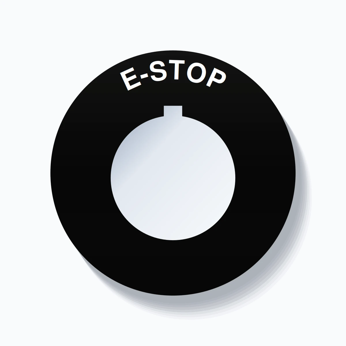 30mm Ring Tag – E-STOP, Single-Line 60mm Round, Allen-Bradley Compatible, White on Black