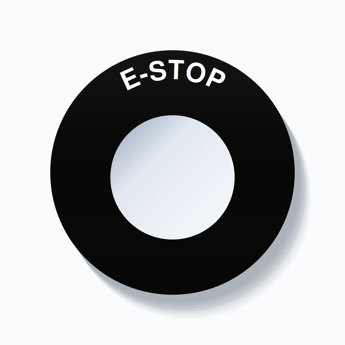 30mm Ring Tag – E-STOP, Single-Line 60mm Round, White on Black