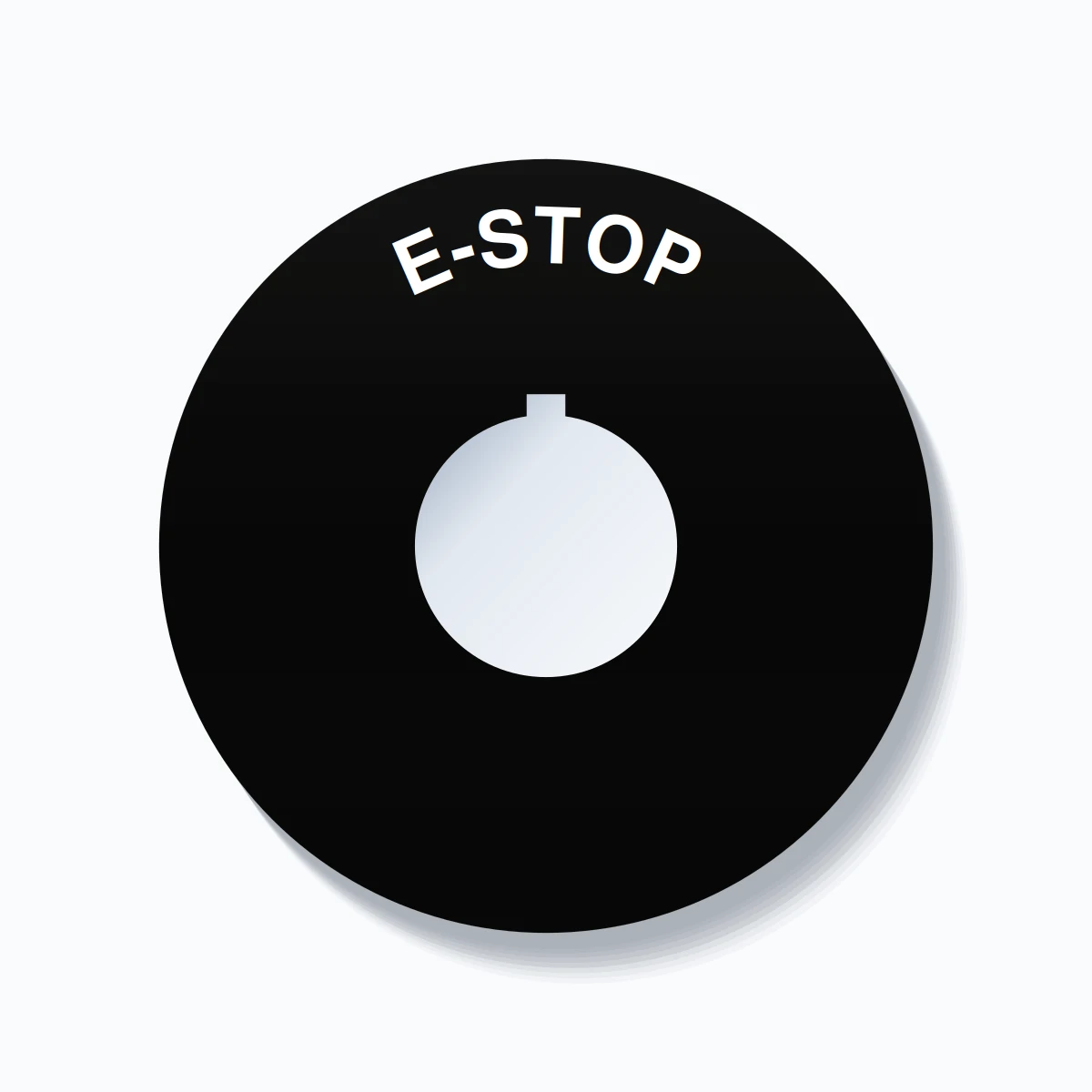 30mm Ring Tag – E-STOP, Single-Line 90mm Round, Allen-Bradley Compatible, White on Black