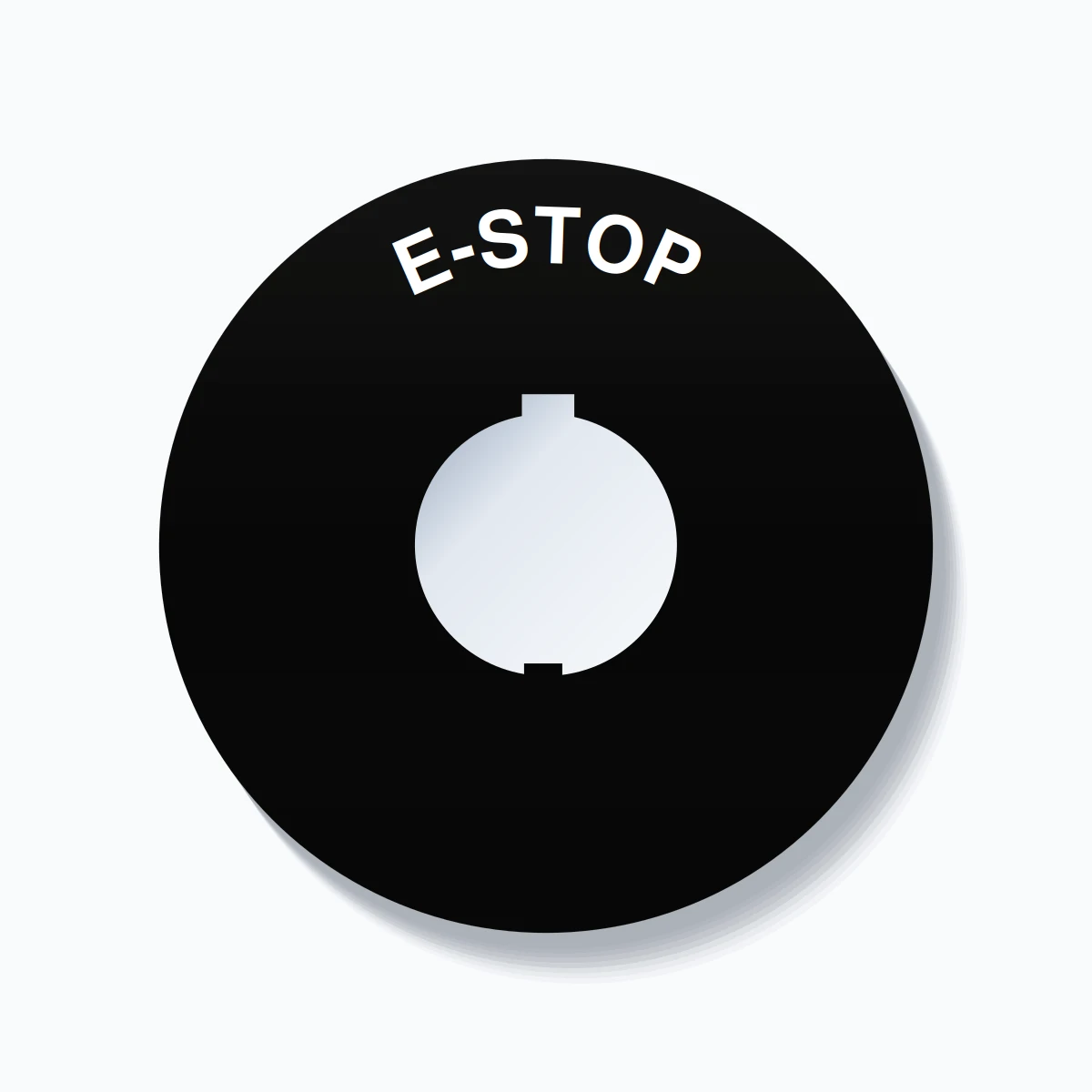 30mm Ring Tag – E-STOP, Single-Line 90mm Round, Schneider Electric Compatible, White on Black