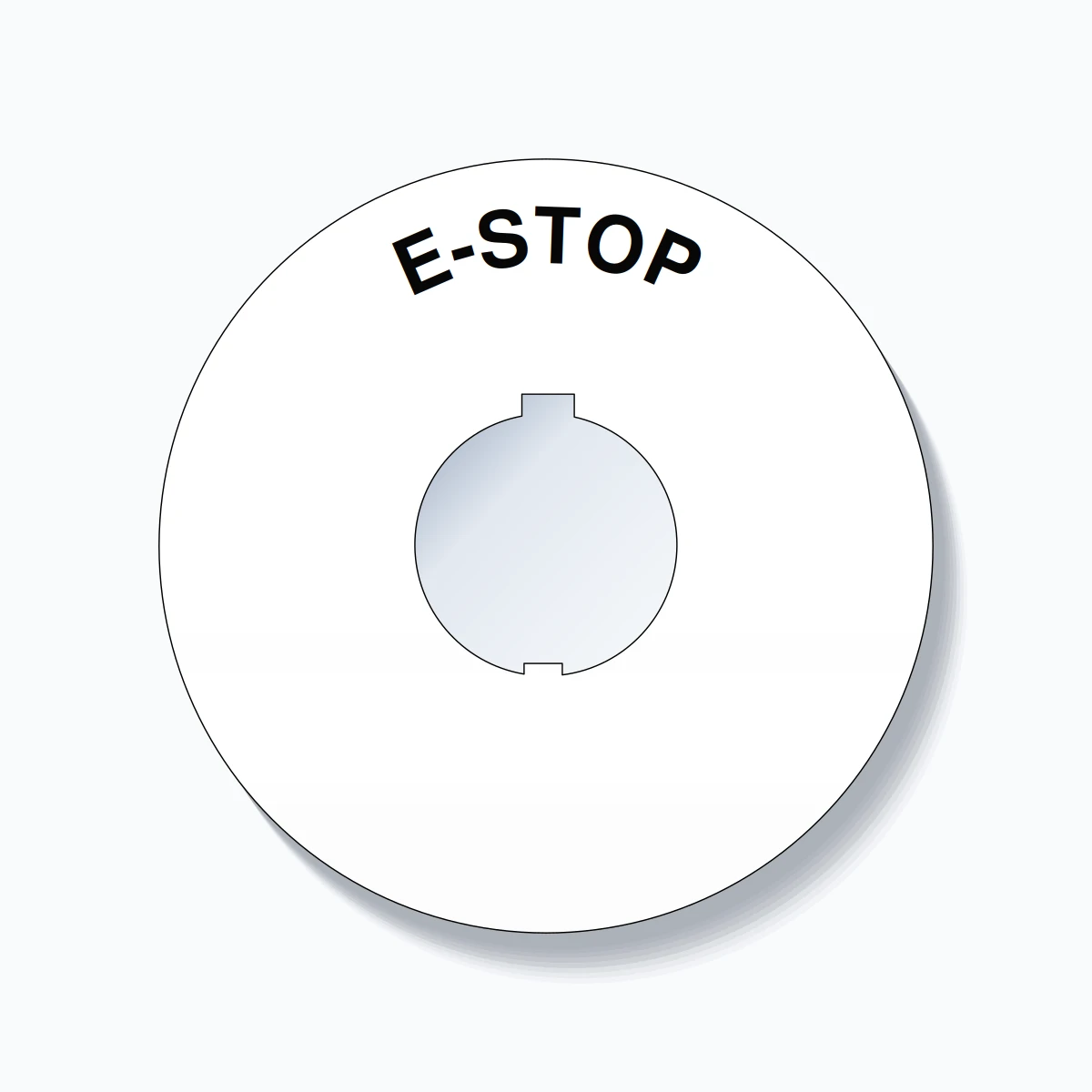 30mm Ring Tag – E-STOP, Single-Line 90mm Round, Schneider Electric Compatible, Black on White
