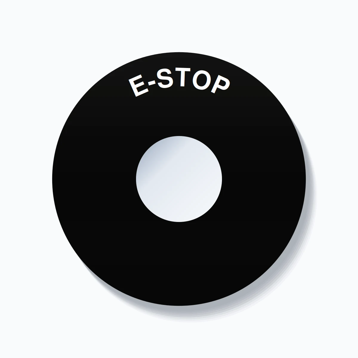 30mm Ring Tag – E-STOP, Single-Line 90mm Round, White on Black