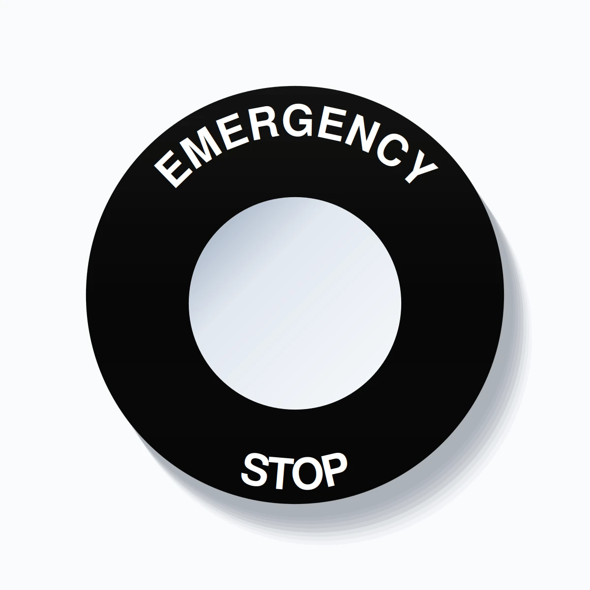 30mm Ring Tag – EMERGENCY STOP, Single-Line 60mm Round, White on Black