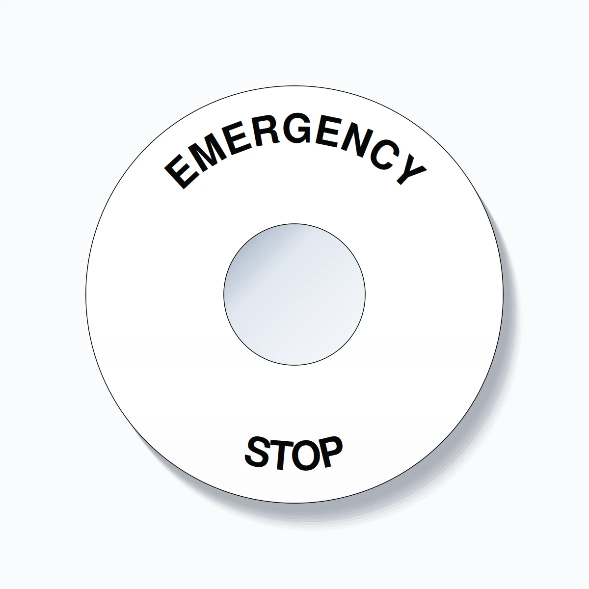30mm Ring Tag – EMERGENCY STOP, Single-Line 90mm Round, Black on White
