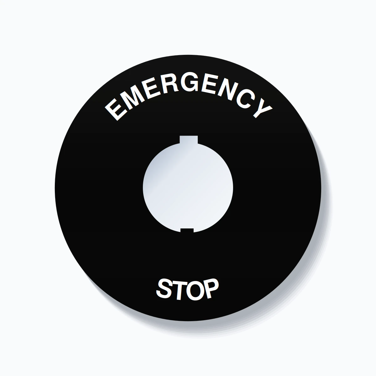 30mm Ring Tag – EMERGENCY STOP, Single-Line 90mm Round, Schneider Electric Compatible, White on Black