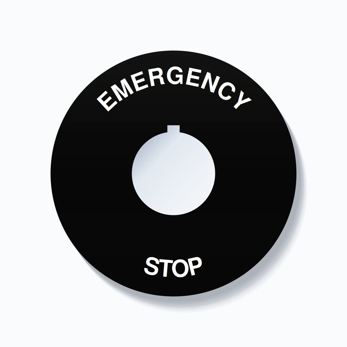 30mm Ring Tag – EMERGENCY STOP, Single-Line 90mm Round, Allen-Bradley Compatible, White on Black